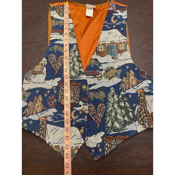 Vintage Backroad Blues Tapestry Cabin Scene Vest USA Made Large Winter Christmas - Picture 7 of 9